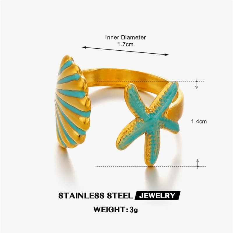 Enamel Starfish and Shell Adjustable Ring, Stainless Steel