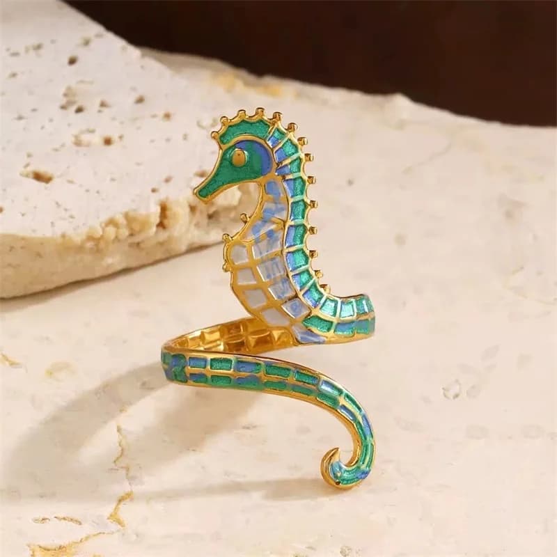 Enamel Seahorse Open Adjustable Ring